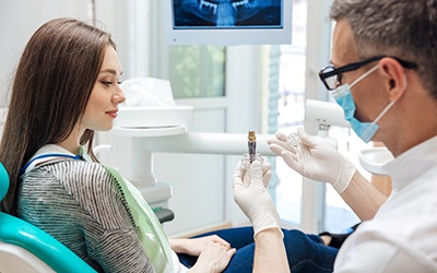 a dentist explaining the cost of dental implants in Cincinnati