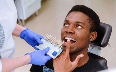 Man having his teeth compared to a shade guide