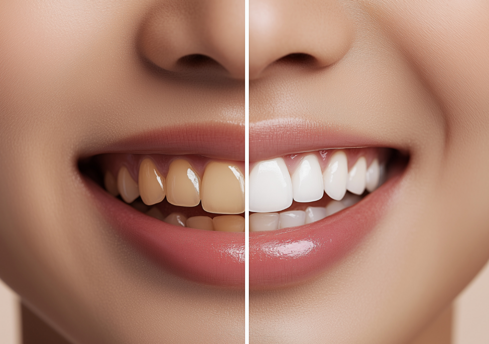 Woman's smile with half yellow, half white teeth